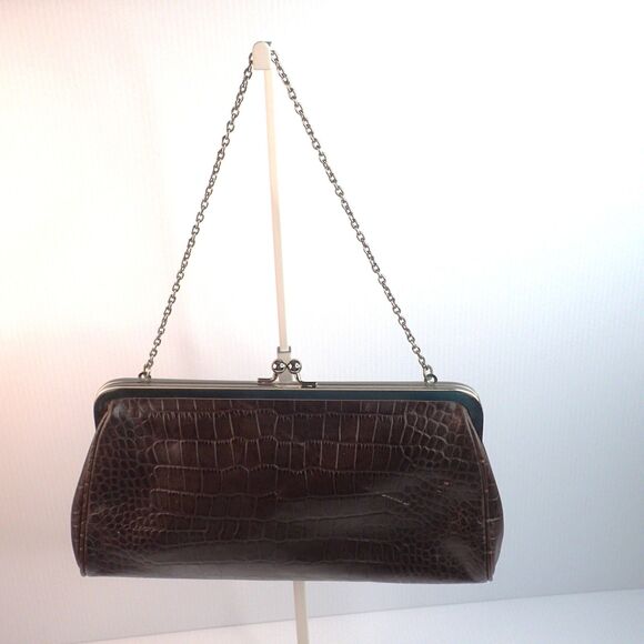 ANN TAYLOR LOFT Croc Embossed Dark Brown Leather Kiss-Lock Purse Bag Clutch - Picture 1 of 15